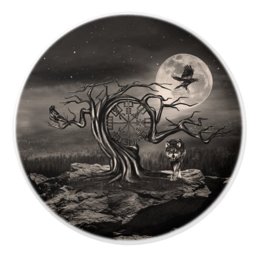 Landschap Vegvisir Tree Moon - sepia Keramische Knop (Voorkant)
