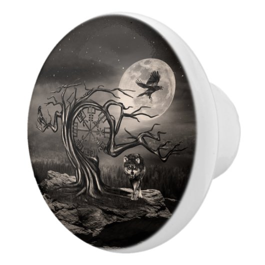Landschap Vegvisir Tree Moon - sepia Keramische Knop (Rechts)