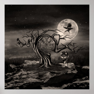 Landschap Vegvisir Tree Moon - sepia Poster