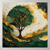 Landschap Waterverf Abstract Schilderen Groen Goud Poster (Voorkant)