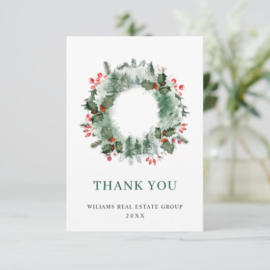 Landschap Wreath Holly Berry Pine Forest Kerstmis Bedankkaart (Staand voorkant)