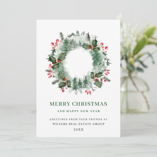Landschap Wreath Holly Berry Pine Forest Kerstmis Feestdagenkaart (Staand voorkant)