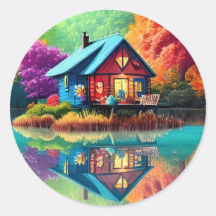 Landschapsillustratie met meer en huisje-38566 ronde sticker