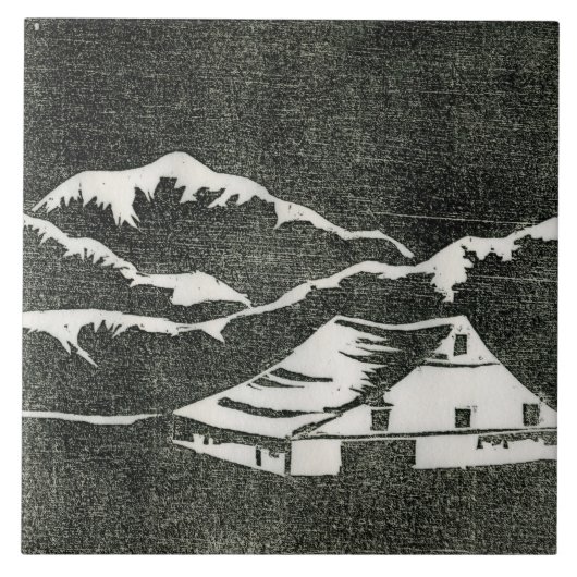 Landschuur in wit op zwarte achtergrond tegeltje (Voorkant)