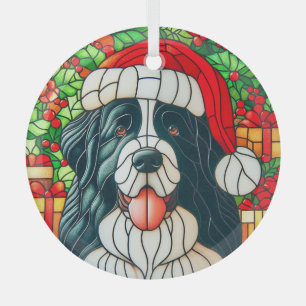 Landseer Newfoundland in het Santa Hat Glass Ornam Glas Ornament