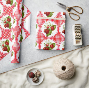 Landstijl Red Gingham en aardbeienpatroon Cadeaupapier