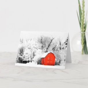 Landwinter, kerstkaart, schuur, sneeuw, boerderij feestdagen kaart