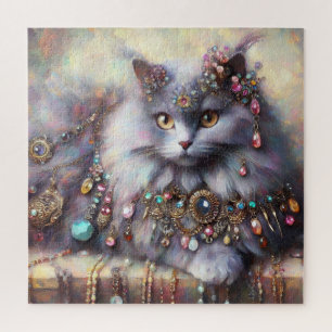Lang Haar Grijs Kat w/Juwelen Edelstenen Schildere Legpuzzel