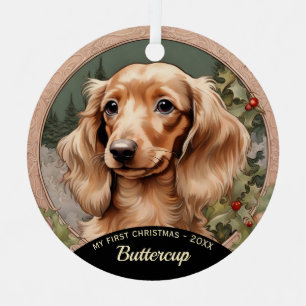 Lang Haired Dachshund Puppy's Eerste Kerstmis Metalen Ornament