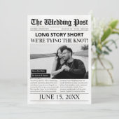 Lang verhaal Korte bruiloft Bewaar de datum Krant Feestdagenkaart (Staand voorkant)