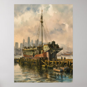 Lang Wharf Boston Schip Vintage Aquarel Schilderij Poster