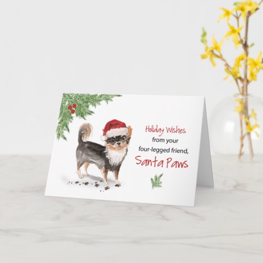 Lange Haired Chihuahua Kerstmis Van Hond In Grappi Kaart (Gele Bloem)