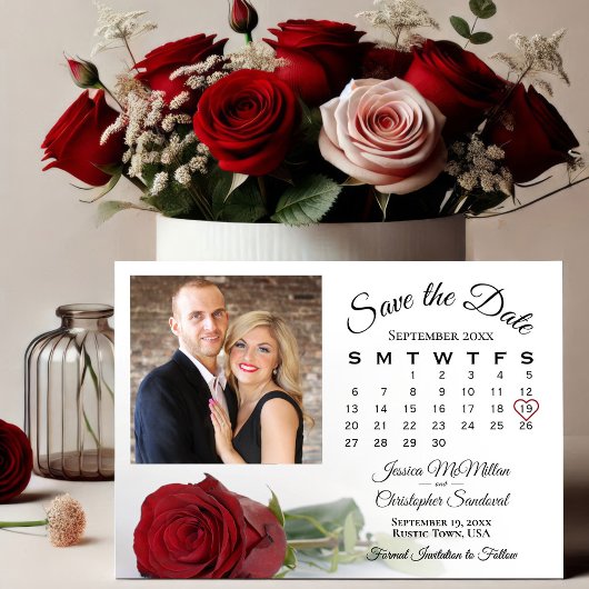 Lange Stemmed Rode Roos Trouwkalender & Foto Save The Date