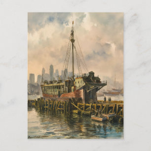 Lange Wharf Boston Ship  Waterverf schilderij Briefkaart