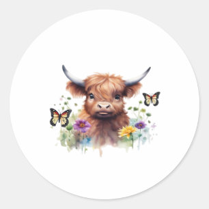 Langharig Highland Baby Koe Classic T-shirt Ronde Sticker