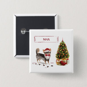 Langharige Chihuahua Grappige Kersthond Kerstboom Vierkante Button 5,1 Cm