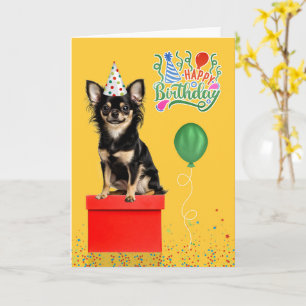 Langharige Chihuahua-hond feesthoed Geel Verjaarda Kaart