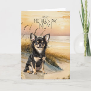 Langharige Chihuahua-hond Zonsondergang Strand Moe Feestdagen Kaart