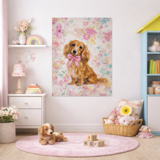 Langharige Dachshund Aquarel Pastel Bloemmotief Poster