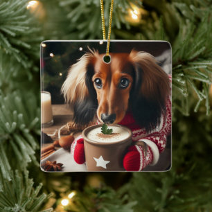 Langharige Dachshund Kerstboomornament Keramisch Ornament