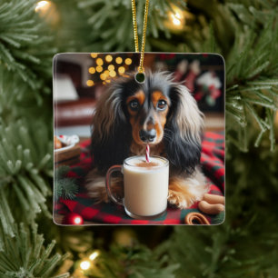 Langharige Dachshund Kerstboomornament Keramisch Ornament
