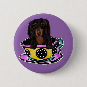 Langharige Zwarte Doxie Ronde Button 5,7 Cm