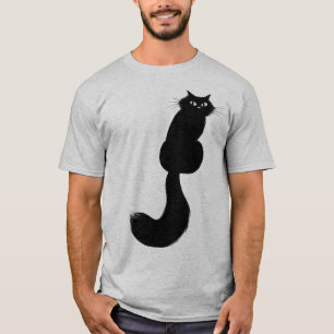 Langharige zwarte kat die over de schouder kijkt t-shirt