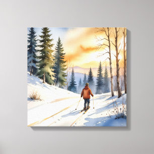 Langlaufer in winterse Bossen Canvas Afdruk