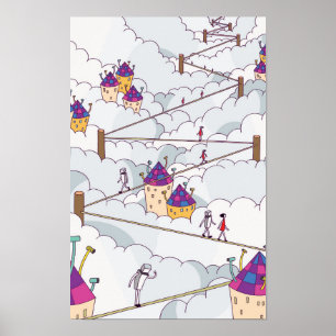 Langs een strak gespannen touw boven de wolken lop poster