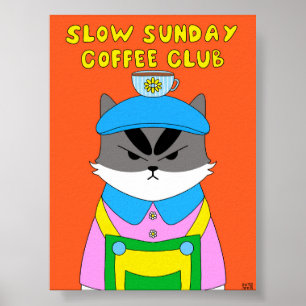 Langzame Zondag Coffee Club Kat Illustratie Poster