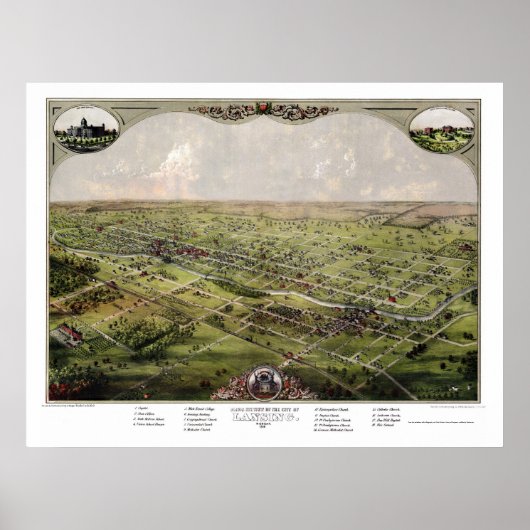 Lansing, MI Panorama Map - 1866 Poster (Voorkant)