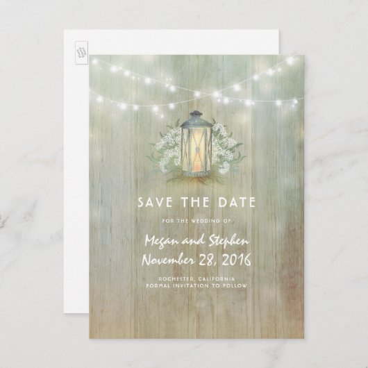 lantaarn en witte bloemen slaan de datum op aankondigingskaart (Voorkant / Achterkant)