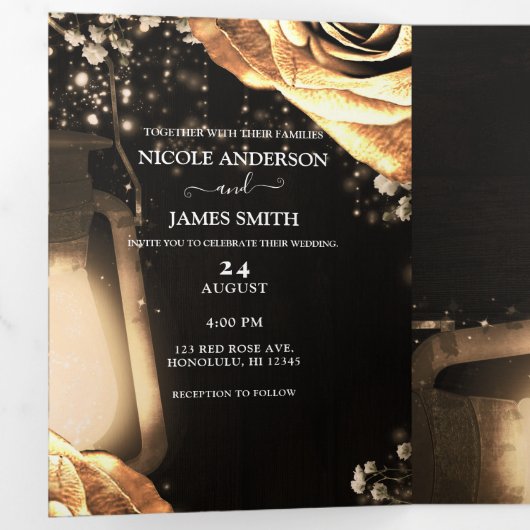 Lantaarn & Gouden Rozen Romantisch Rustiek Huwelij Drieluik Uitnodiging (Binnenzijde eerst)