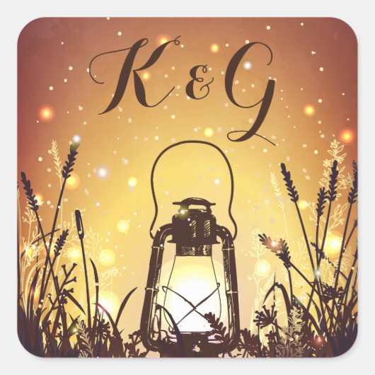  Lantaarn met Fireflies Wedding Monogram Vierkante Sticker (Voorkant)