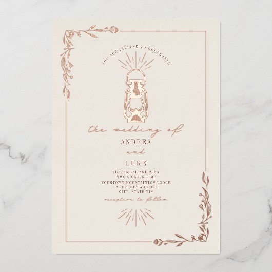  Lantaarn Rustic Botanical Wedding Folie Uitnodiging (Voorkant)