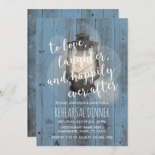 Lantaarn Stusty Blue Wood Rehearsal Dinner Kaart (Voorkant / Achterkant)