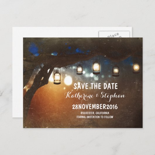 Lantaarns Lights Tree Rustic Save the Date briefka Aankondigingskaart (Voorkant / Achterkant)