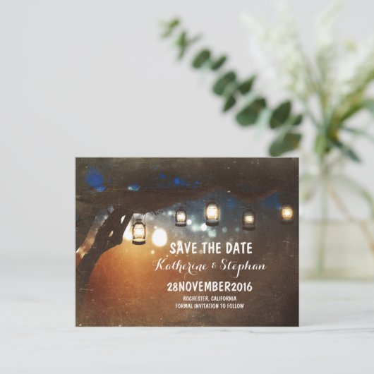 Lantaarns Lights Tree Rustic Save the Date briefka Aankondigingskaart (Staand voorkant)