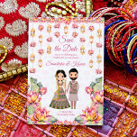 Lanternes de lotus invitation pour Indian wedding<br><div class="desc">Fleurs de lotus roses avec lanternes marocaines et couple de mariés indiens modèle d'invitation pour Indian wedding save the date.</div>