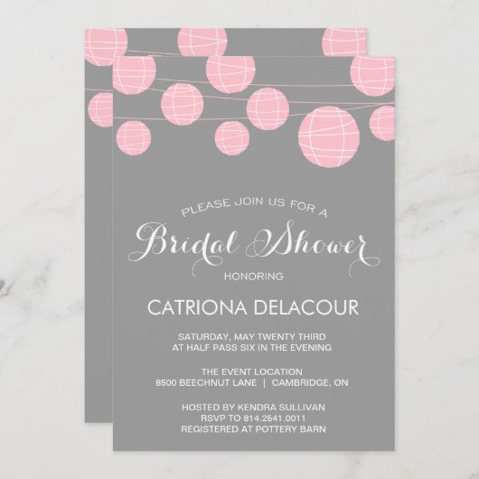 LANTERNES ROSES ET GRIS INVITATION BRIDALE DOUCHE (Devant / Derrière)
