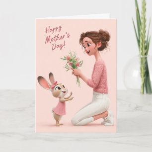 Lapin Adorable Offre des Fleurs pour Carte de Fête