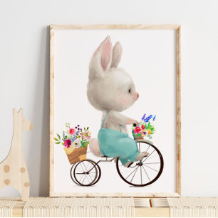 Lapin au vélo fleuri aquarelle   Impression murale