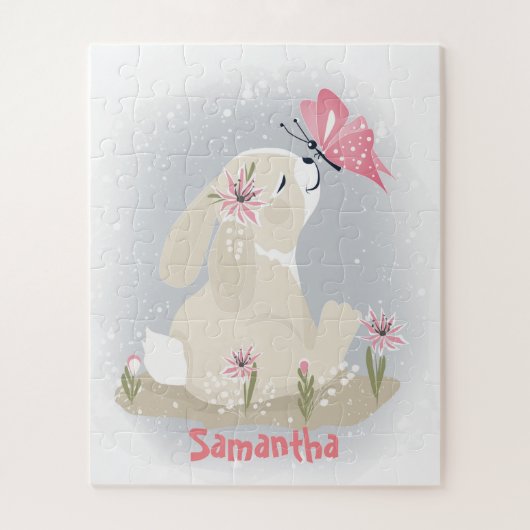 Lapin bébé mignon et papillon. Puzzle (Vertical)