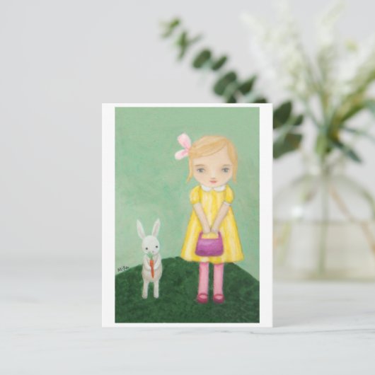 Lapin blanc avec carte fille robe jaune avec lapin (Debout devant)