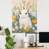 Lapin Blanc Parmi Fleurs de Printemps Affiche (Bureau à domicile)