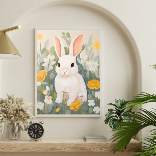 Lapin Blanc Parmi Fleurs de Printemps Affiche