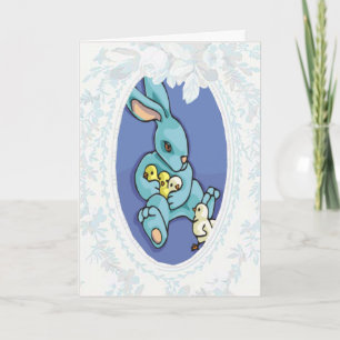 Lapin Bleu Avec Fleurs Carte Pâques