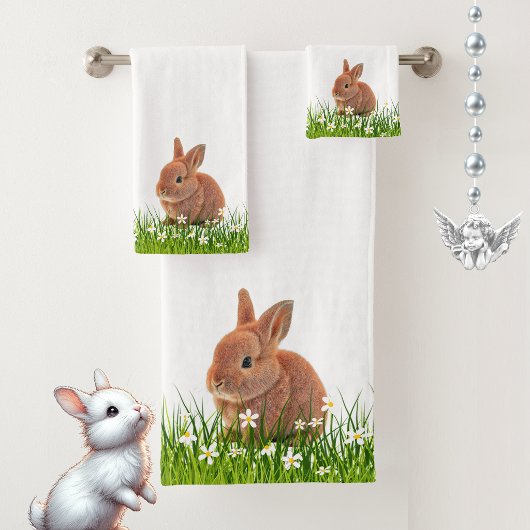 Lapin Brun Mignon & Fleurs sur Fond Blanc