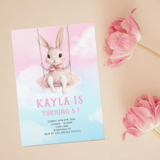 Lapin Ciel Rose sur neige Invitation Anniversaire 