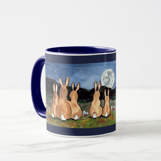 Lapin dans la Lune Lapin Famille Mug Marine Bleu f (Devant gauche)